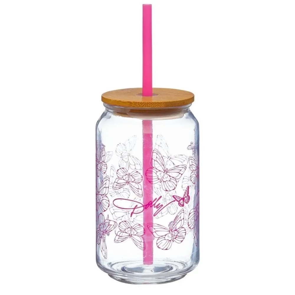 Dolly Parton Script‎ Butterfly Glass Jar w/Straw- Pink